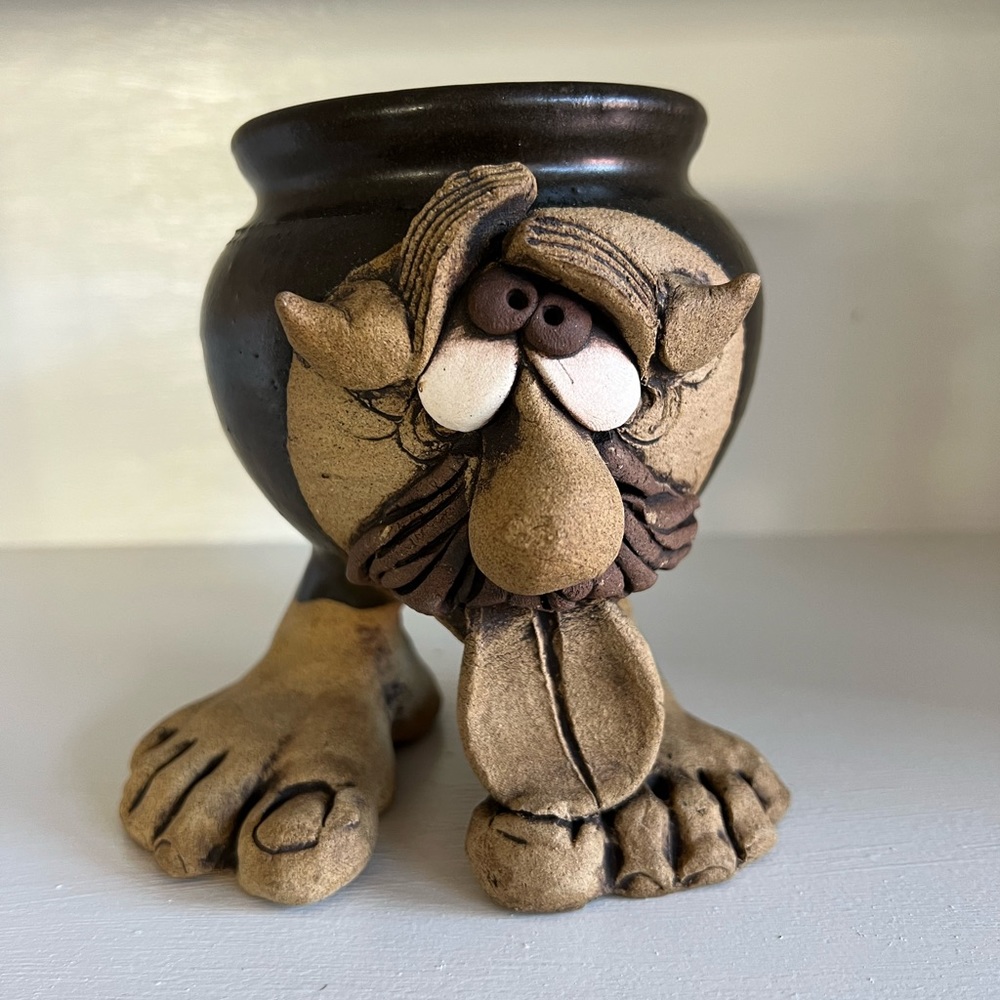 Vintage 3D Ugly Face Troll Mug Stoneware Art Pottery Feet Tongue Mustache